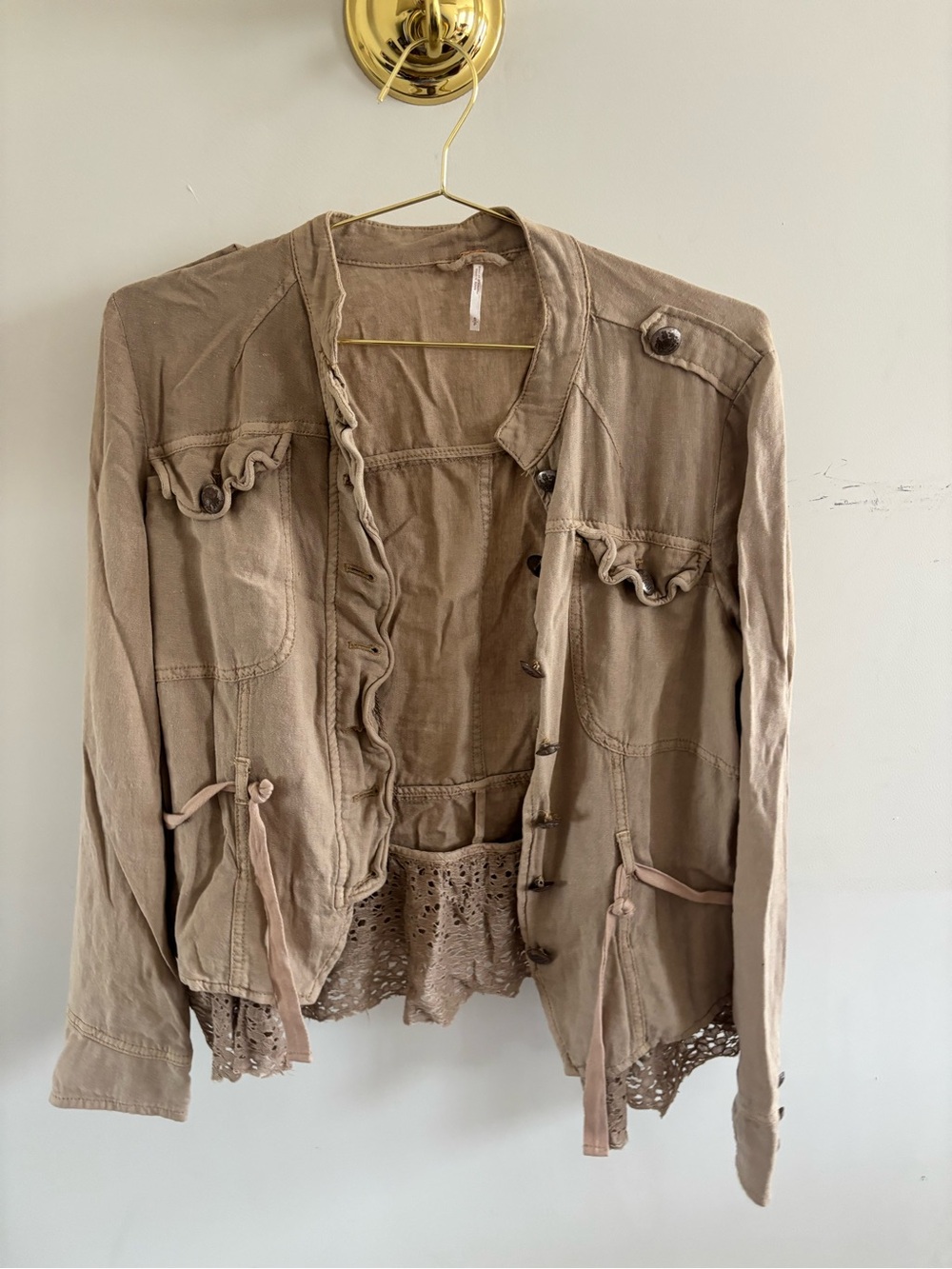 Free People S Tan Military Utility Jacket Lace Ruffle Boho